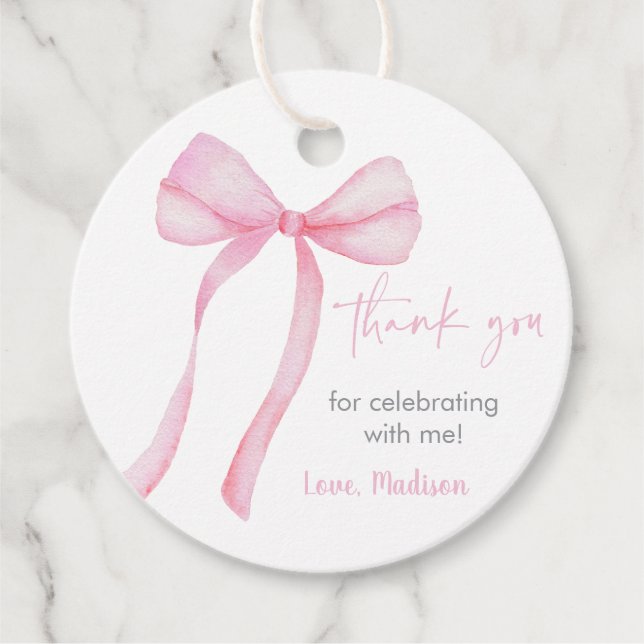 Étiquettes Cadeau Coquette Bow rose Premier anniversaire (Devant)