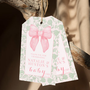 Étiquettes-cadeau Coquette Esthétique Pink Bow Sage Green Baby Girl