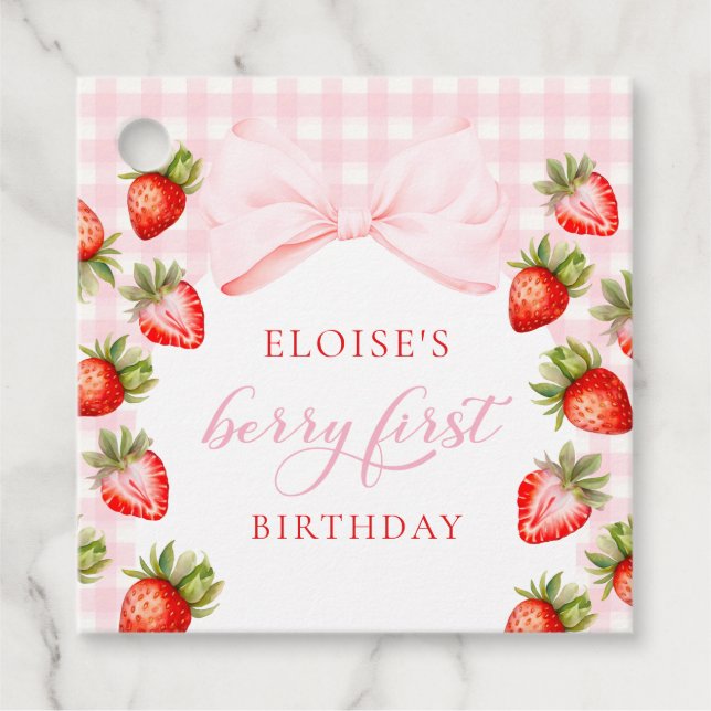 Étiquettes Cadeau Coquette fraise premier anniversaire (Devant)