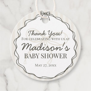 Étiquettes Cadeau Coquette noire Bow Beige Baby shower rayé