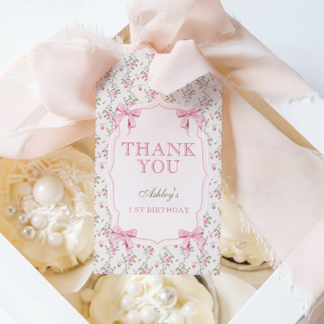 Étiquettes-cadeau Coquette rose mignonne Bow 1er anniversaire (Créateur téléchargé)