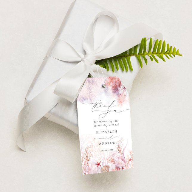 Étiquettes-cadeau Coquillages Chics Corail Mariage sous-marin Merci (Créateur téléchargé)