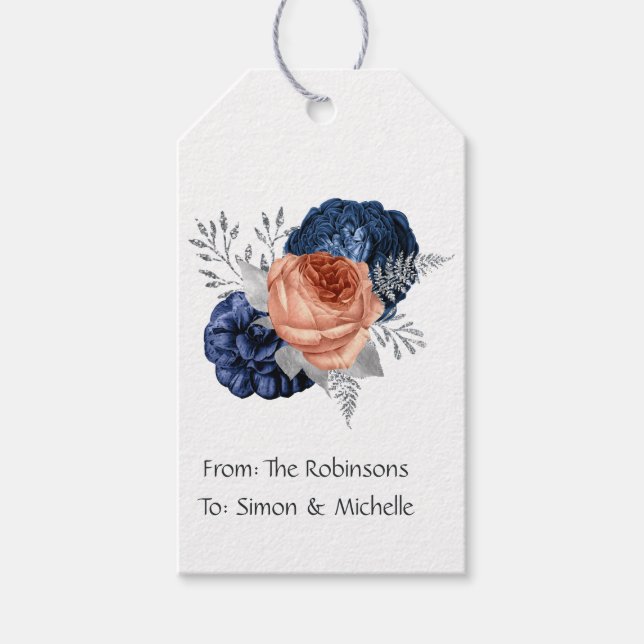 Étiquettes-cadeau Corail, marine et Mariage floral argenté (Devant)