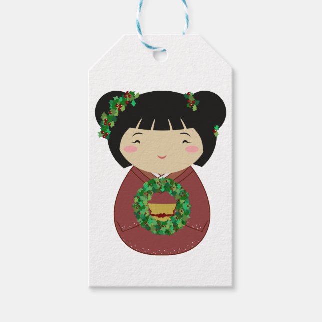 Étiquettes-cadeau Corbeille de Noël Kokeshi (Devant)
