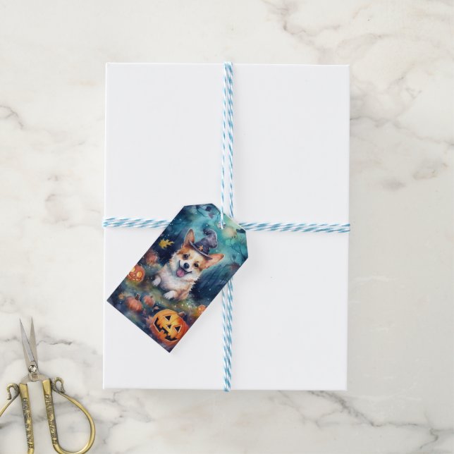 Étiquettes-cadeau Corgi d'Halloween avec la peur Citrouille (Avec de laficelle)
