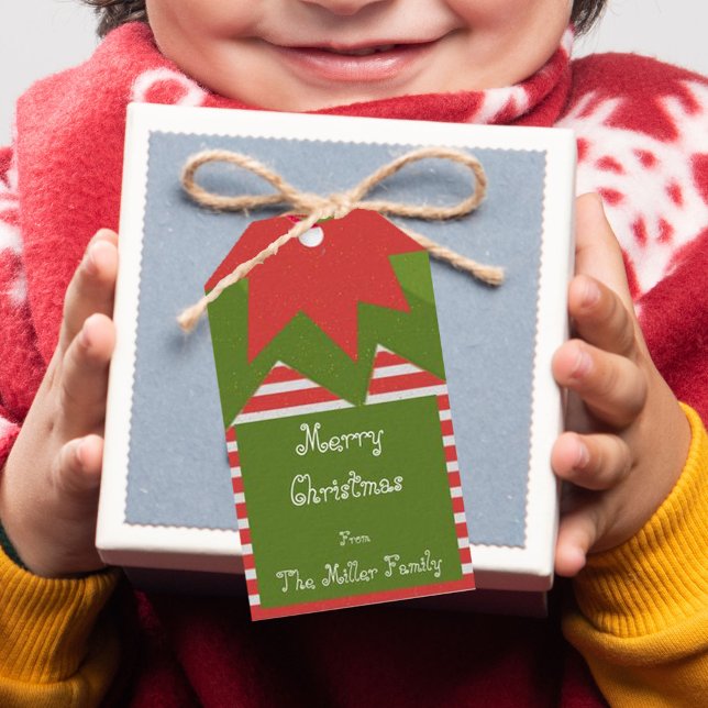 Étiquettes-cadeau Costume Elf mignon Rouge Vert Nom de famille Noël (Créateur téléchargé)