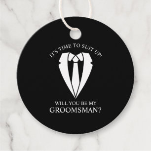 Étiquettes Cadeau Costume Mariage noir et Cravate Groomsman Proposit
