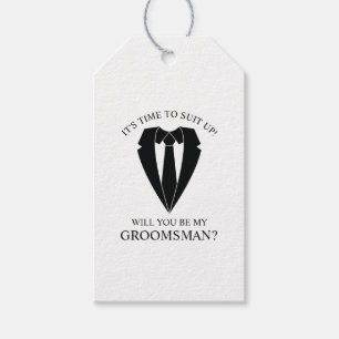 Étiquettes-cadeau Costume Mariage noir et Cravate Groomsman Proposit