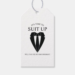 Étiquettes-cadeau Costume Mariage noir et Cravate Groomsman Proposit