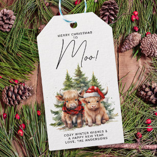 Étiquettes-cadeau Cosy Highland Cow Farm Animaux Joyeux Noël Moo