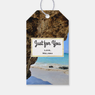 Étiquettes-cadeau Côte de Plage Tropicale avec un Gros Rocher Juste 