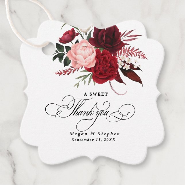 Étiquettes Cadeau Couleur de l'eau romantique Mariage floral Bourgog (Devant)