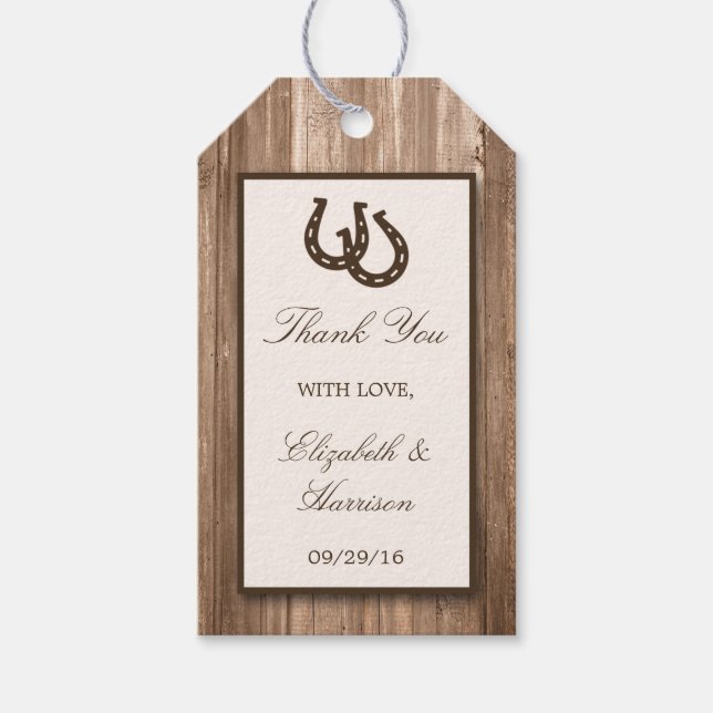 Étiquettes-cadeau Country Rustic Horseshoe & Brown Wood Mariage (Devant)