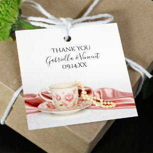Étiquettes Cadeau Coupe de Thé Floral rose avec Merci Mariage perles