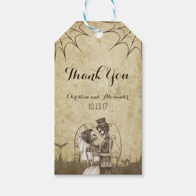 Étiquettes-cadeau Couple de squelette pour Mariage d'Halloween (Devant)