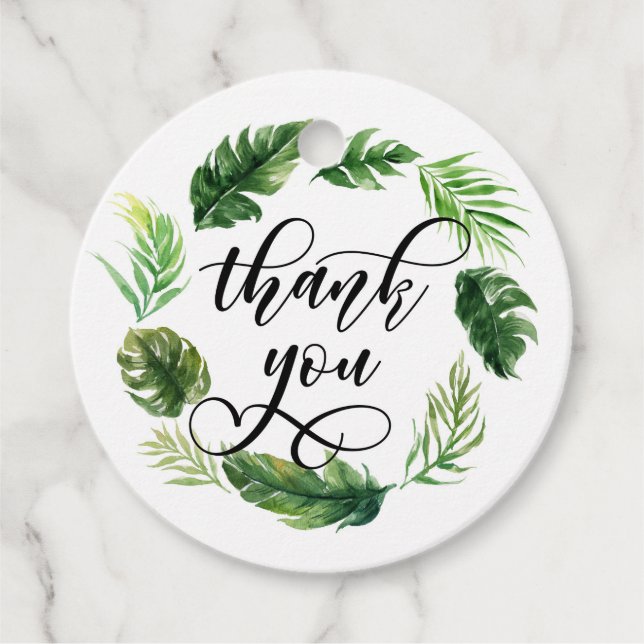 Étiquettes Cadeau Couronne de feuilles tropicales à l'aquarelle Merc (Devant)