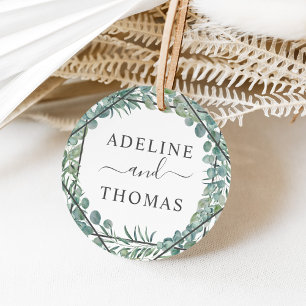 Étiquettes Cadeau Couronne de mariage monogramme élégante en eucalyp