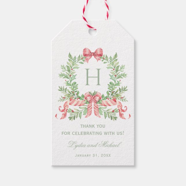 Étiquettes-cadeau Couronne de Noël avec Bow | Mariage de monogramme (Devant)