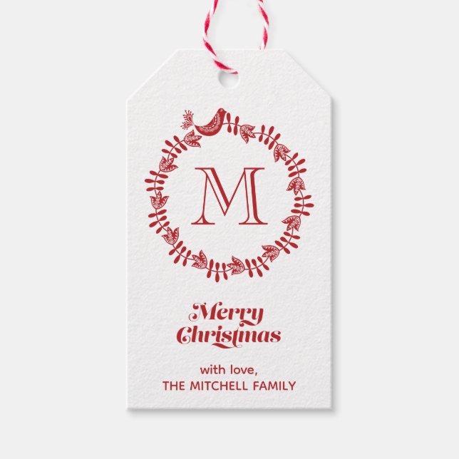 Étiquettes-cadeau Couronne de Noël florale scandinave Monogramme (Devant)