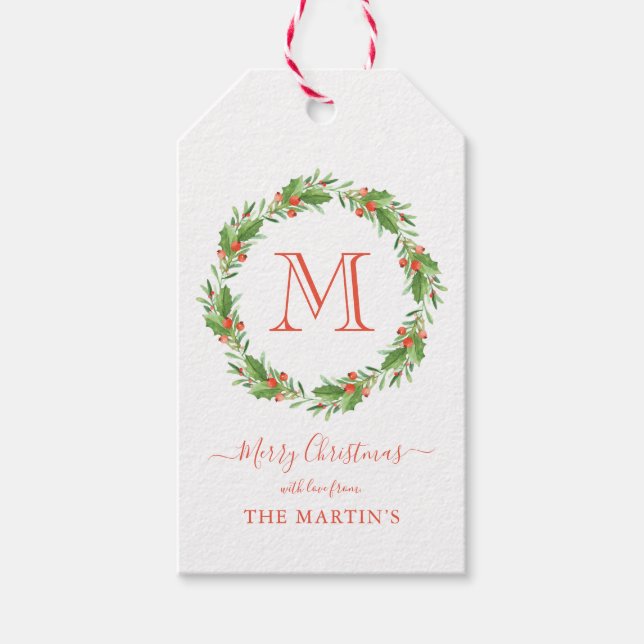 Étiquettes-cadeau Couronne de Noël Monogramme personnalisée (Devant)