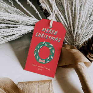 Étiquettes-cadeau Couronne de Noël rouge vert peinte à la main Bold