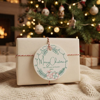 Étiquettes Cadeau Couronne de Noël verte et crème de famille