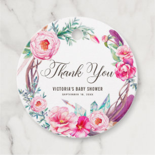 Étiquettes Cadeau Couronne de pivoines roses aquarelle Boho Merci
