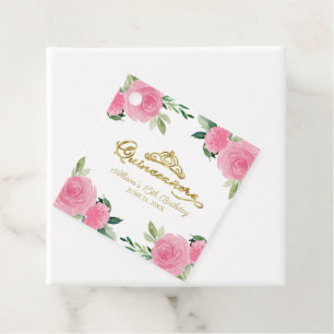 Étiquettes Cadeau Couronne de Quinceanera Fleurs Rose Chaud Or 