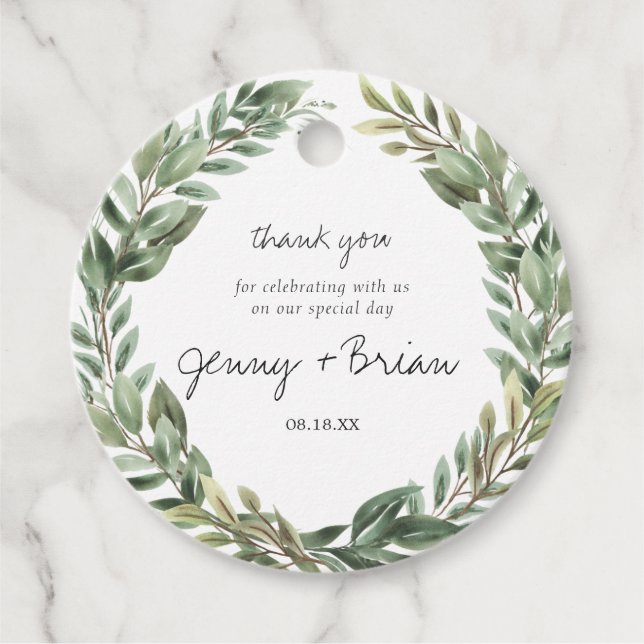 Étiquettes Cadeau Couronne de verdure rustique Mariage Remerciements (Devant)