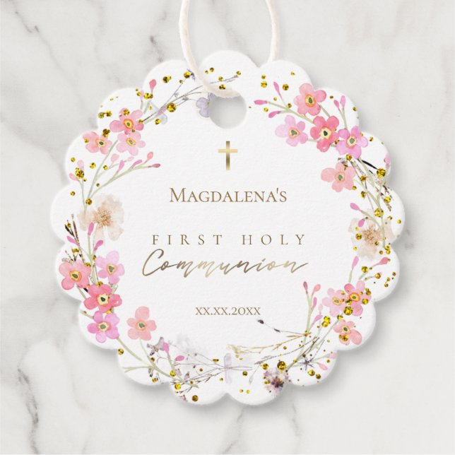 Étiquettes Cadeau couronne fleurie Première communion sainte (Devant)