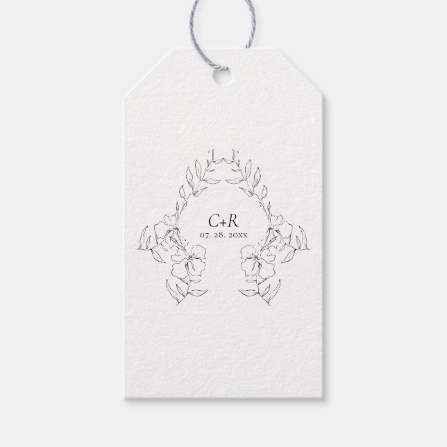 Étiquettes-cadeau Couronne florale élégante moderne noir/blanc (Devant)