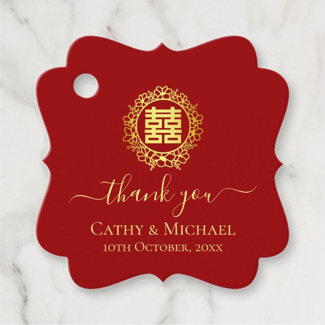 Étiquettes Cadeau Couronne florale merci mariage chinois rouge (Devant)