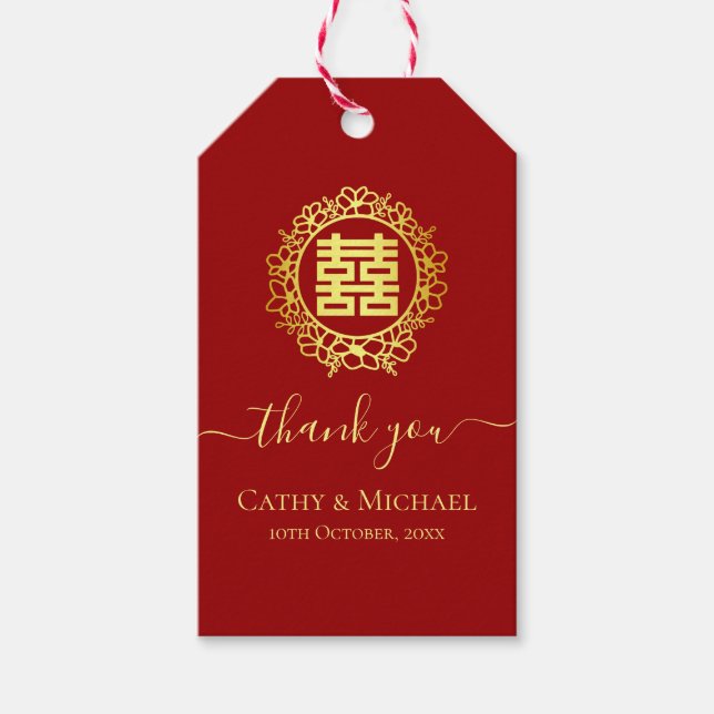 Étiquettes-cadeau Couronne florale merci mariage chinois rouge (Devant)