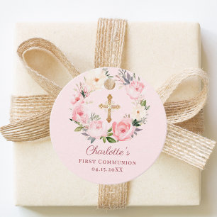Étiquettes Cadeau Couronne florale rose pastel pour première communi