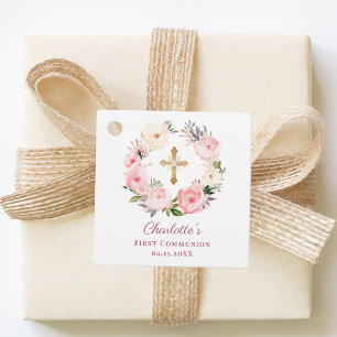 Étiquettes Cadeau Couronne florale rose pour la Première Communion D