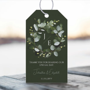 Étiquettes-cadeau Couronne Monogramme Eucalyptus moderne Vert Fonc