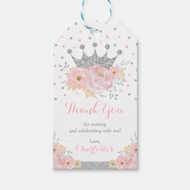 Étiquettes-cadeau Couronne Princesse Bébé Fille 1er anniversaire Arg (Devant)