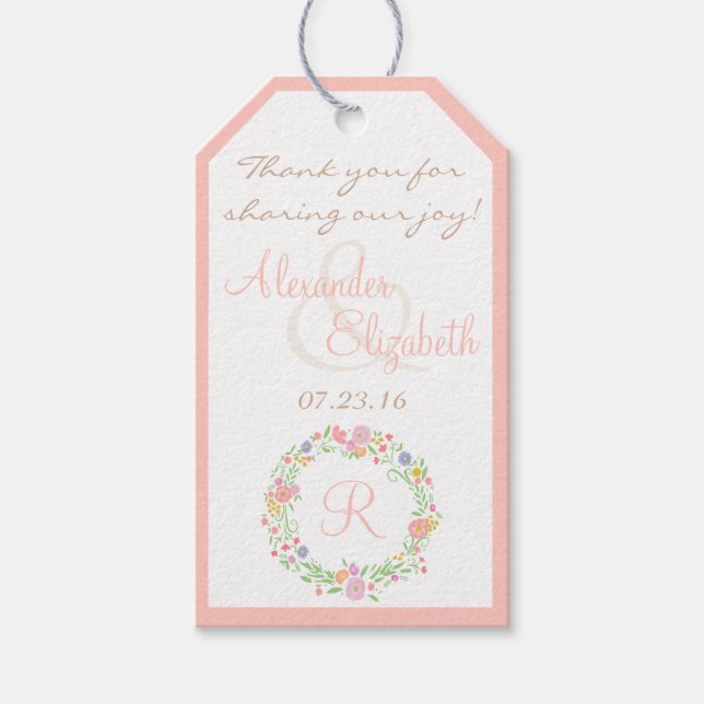 Étiquettes-cadeau Couronne rose florale - Monogramme (Devant)