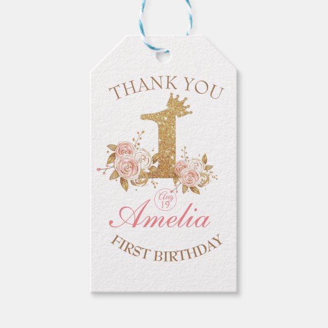 Étiquettes-cadeau Couronne rose princesse 1er anniversaire (Devant)