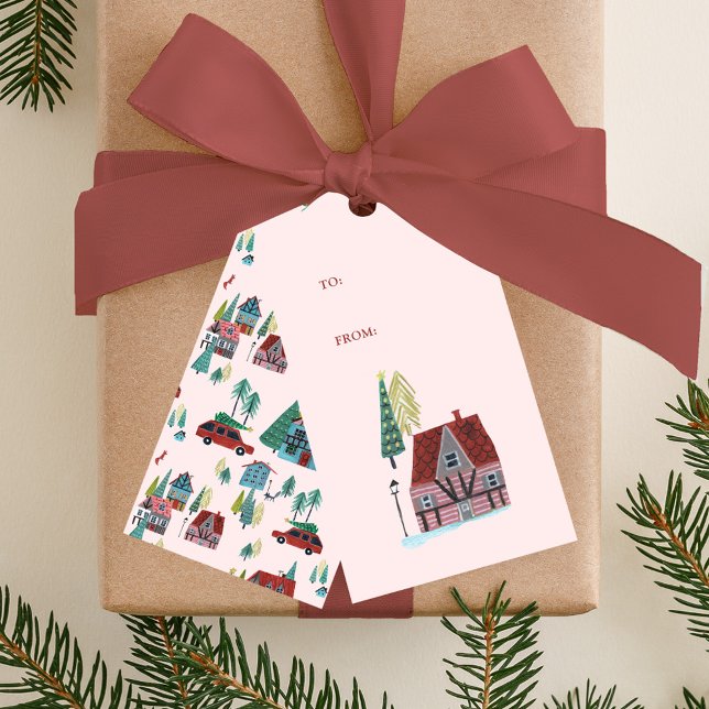 Étiquettes-cadeau Coute Pink ski nordique Village Noël (#A8403C)