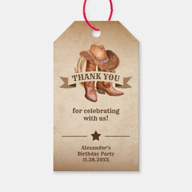 Étiquettes-cadeau Cowboy Boots, Casquette et Lasso (Devant)