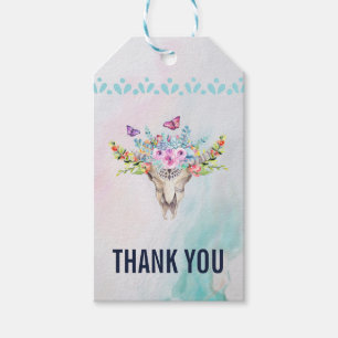 Étiquettes-cadeau Crâne Boho avec papillons et Merci de fleurs