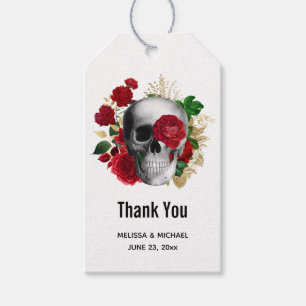 Étiquettes-cadeau Crâne gothique avec des fleurs rouges Merci