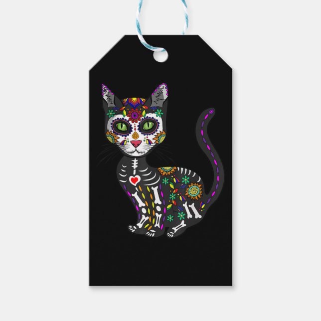 Étiquettes-cadeau Crâne sucre Chat mexicain Halloween Jour De La Mor (Devant)