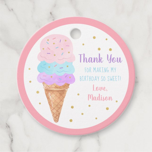 Étiquettes Cadeau Crème de glace rose or Pastel Anniversaire Merci (Devant)