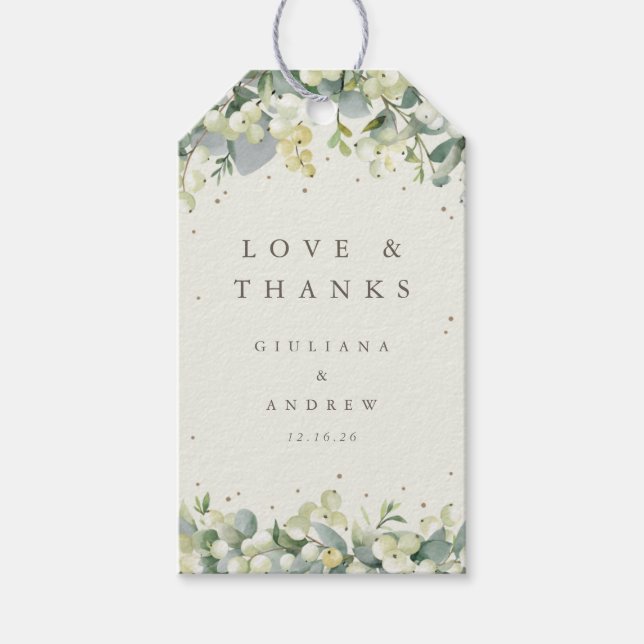 Étiquettes-cadeau Crème Snowberry+Eucalyptus Amour Mariage + Merci (Devant)