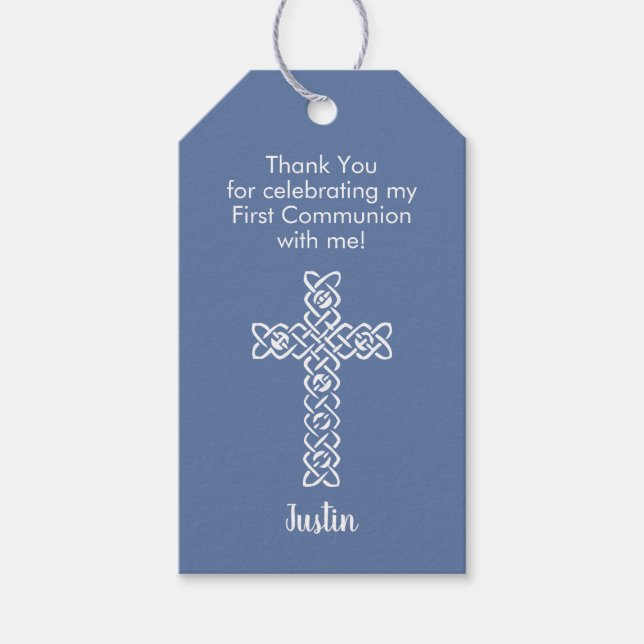 Étiquettes-cadeau Croix | Baptême de communion gris bleu (Devant)