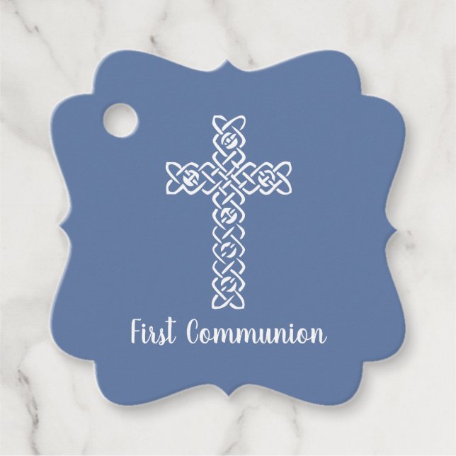 Étiquettes Cadeau Croix | Baptême de communion gris bleu (Devant)