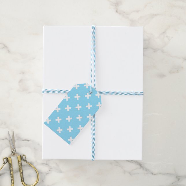 Étiquettes-cadeau Croix blanche sur le bleu bébé (Avec de laficelle)