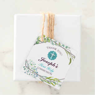 Étiquettes Cadeau Croix Bleue Floral Première Sainte Communion Merci